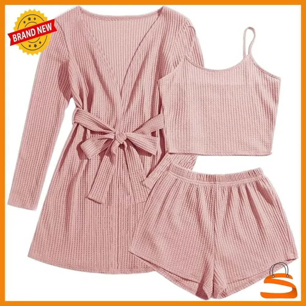3 Piece Waffle Knit Lounge Set with Cardigan and Pockets S-XXL